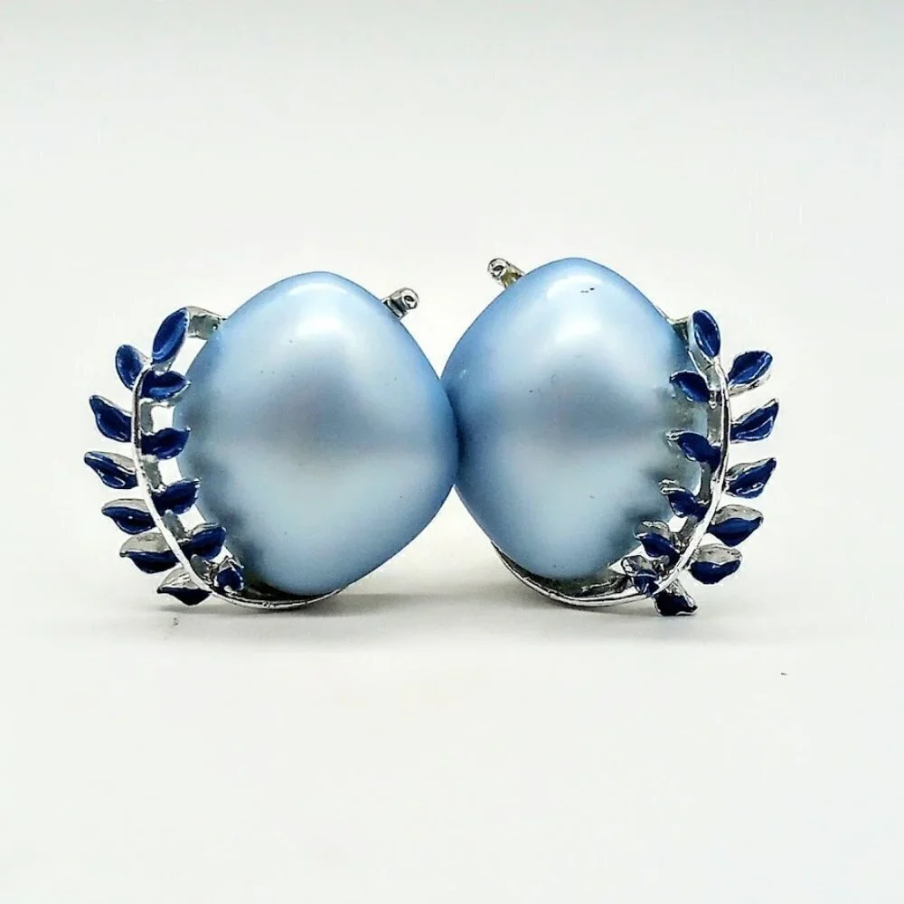 Vintage Blue Mabe Pearl & Enamel Leaf Silver Finish Clip Earrings